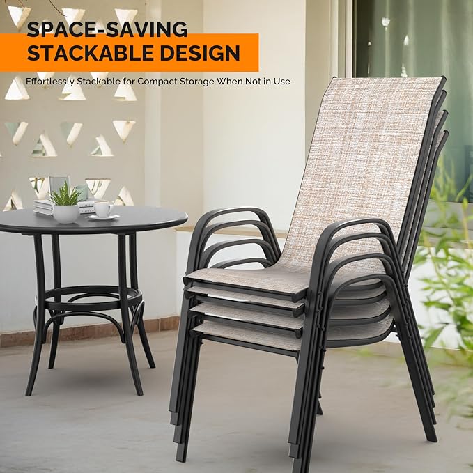 VINGLI Patio Chairs Set of 8 – Stackable Outdoor Dining Chairs with Comfortable Sling High Back Chairs and Armrests for Lawn, Poolside, Courtyard, Balcony, Garden, Yellow