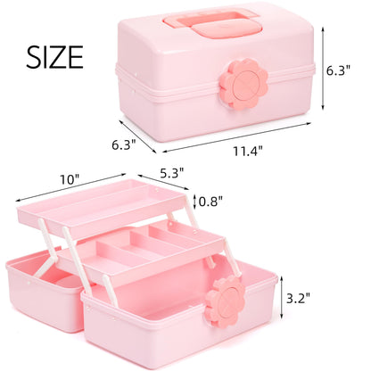 ZOOFOX Cute Hair Accessories Organizer for Girls, 3-Layers Pink Craft Storage Container with Handle, Lockable Storage Box for Hair Clip, Headband, Scrunchie, Cosmetic, Sewing, Toy, Washi Tape