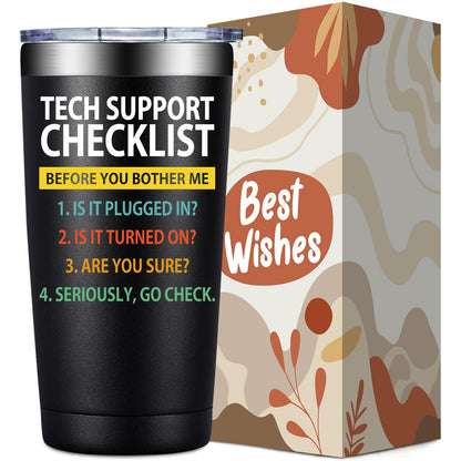 SpenMeta Tech Gifts for Men - Fathers Day, Birthday, Christmas Gift for IT Techies Guys, Geek, Computer Programmer - 20oz Tech Support Checklist Tumbler Cup