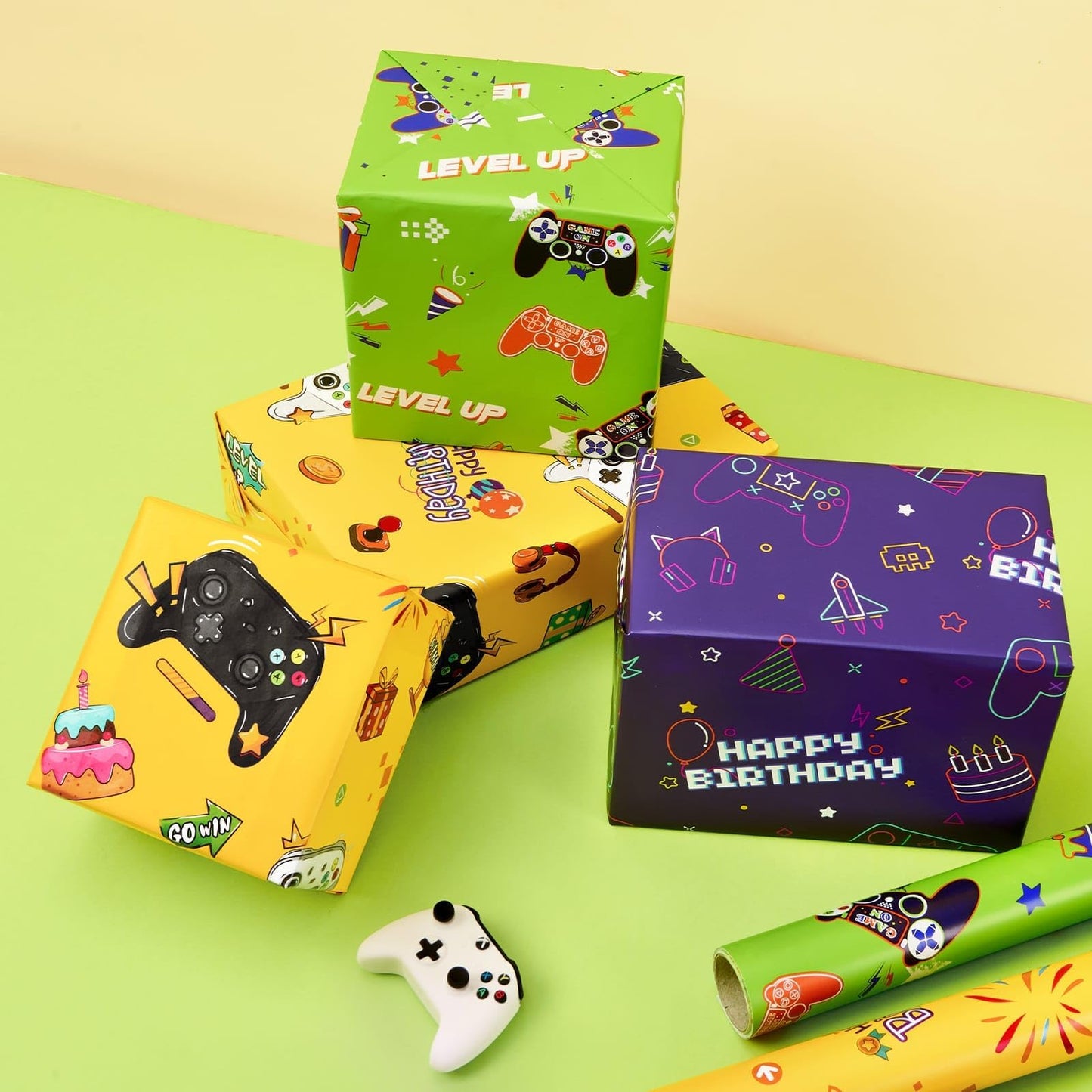 WERNNSAI Gaming Wrapping Paper - 3 Rolls 43 x 305cm Birthday Wrapping Paper Kids Boys Gift Wrap Green Yellow Birthday Wrap Paper with Cutting Lines