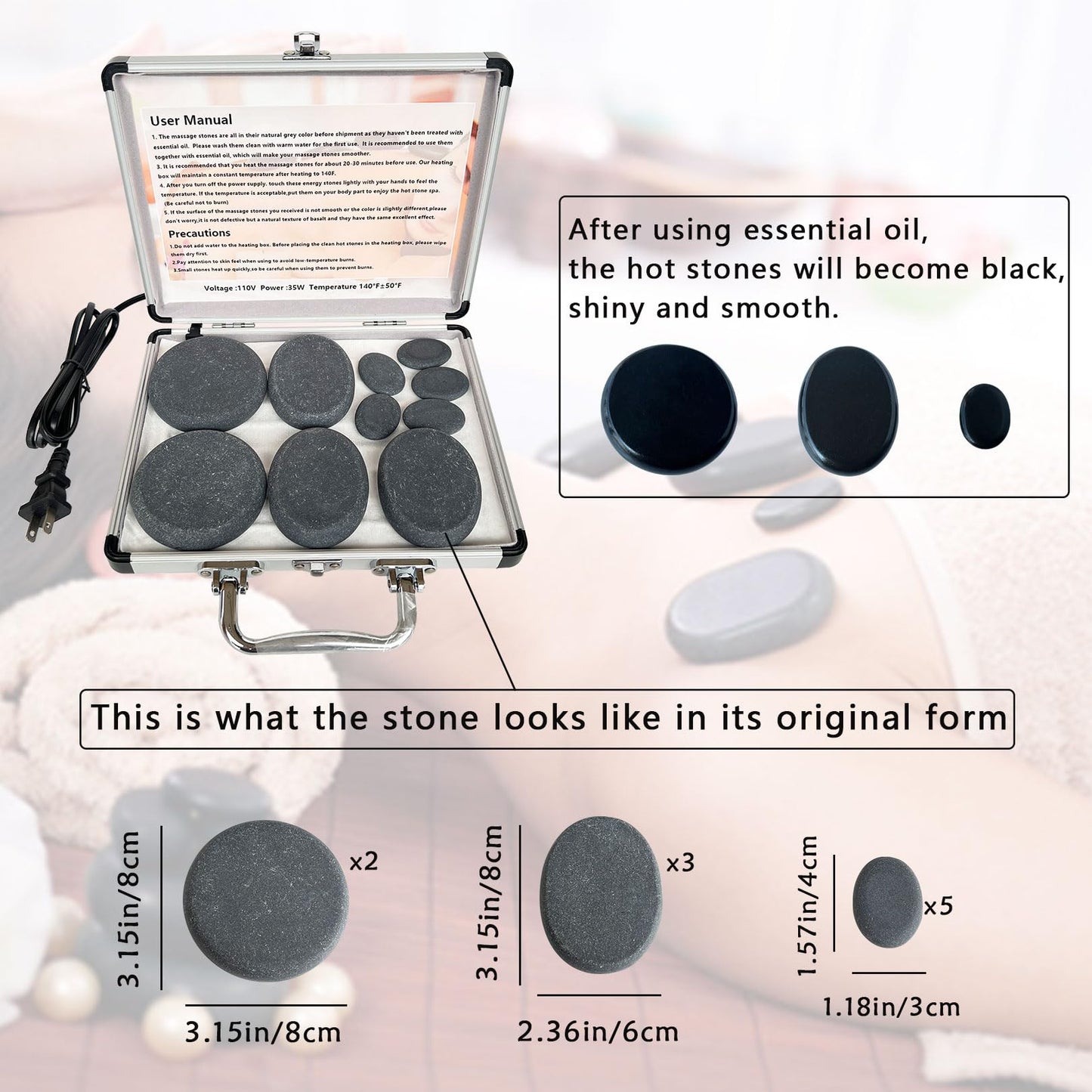 MINGJISHIYE Hot Stone Massage, 10-Piece Portable Massage Stone Set with Basalt and Heater, for Hydrotherapy Heating Treatment. (10PCS)
