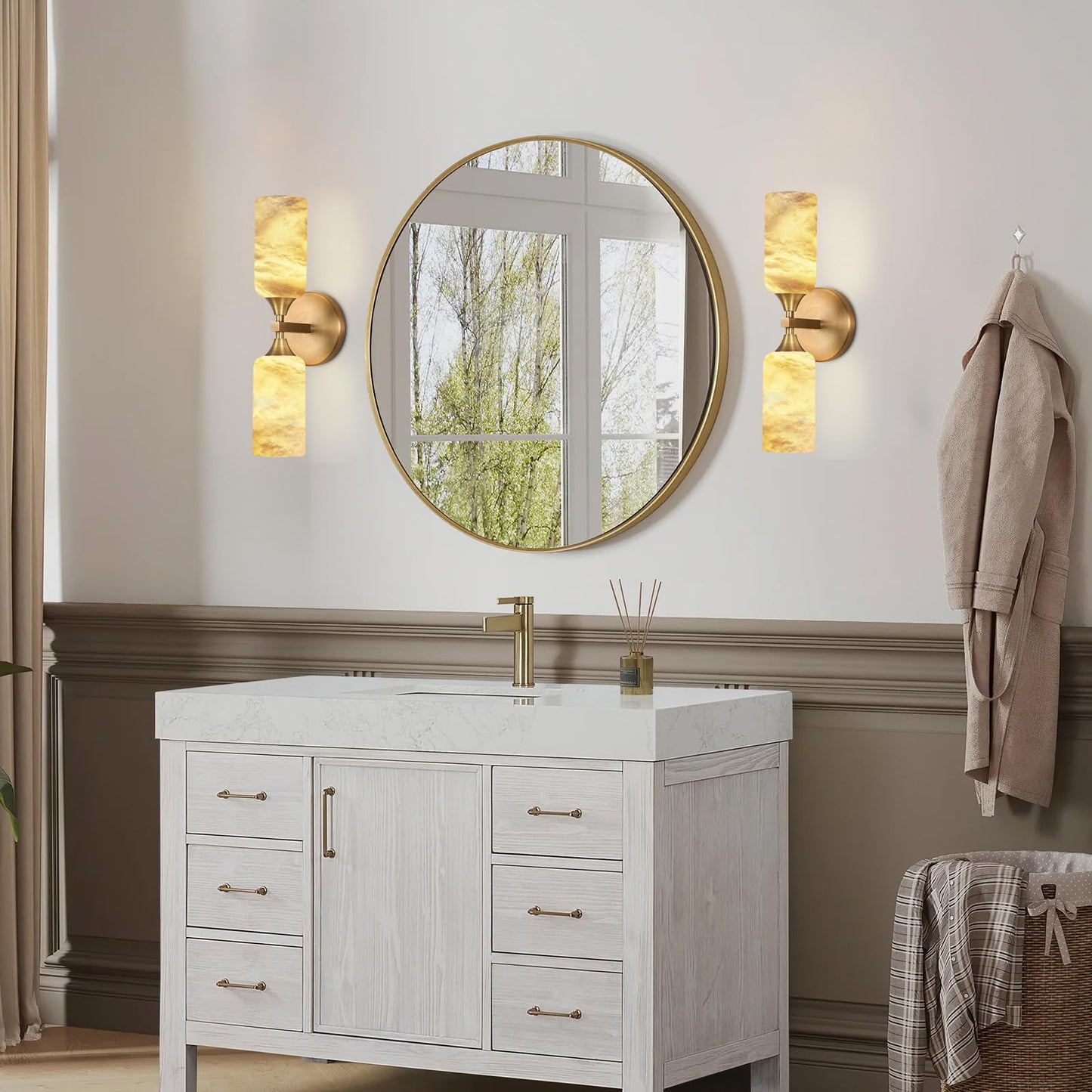 Stbri Alabaster Sconces Set of 2,15.3in Modern Natural Marble Vanity Light, Hardwired Brass Gold Wall Sconces Lighting for Living Room,Bedroom,Indoor Sconces for Bathroom Mirror,Hallway