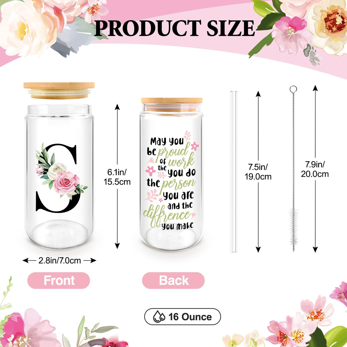 WINOWIMO Initial Glass Cups with Lids and Straws, Personalized Gifts for Women, Iced Coffee Cup Glass Tumbler, Birthday Bridesmaid Proposal Inspirational Customized Gifts for Her Girls (S)