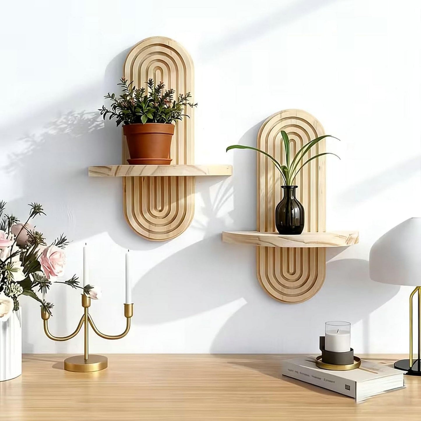 Natural Solid Wood Arched Wall Mount Shelf, Floating Decor Display Shelving for Succulents, Mini Plants, Home Decor & Bathroom Small Ornaments (Natural, 11.8" X 7.8")