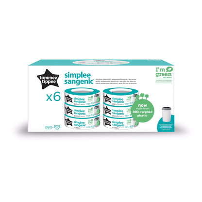 Tommee Tippee Simplee Sangenic Refill Cassettes Pack of 6 Refill Cassettes, Only Suitable for Use in Simplee Sangenic Nappy Bins, Odour and Germ Protection, 100% Recycled Chassis