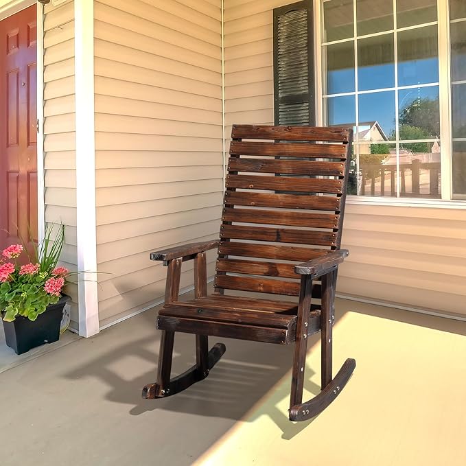 VINGLI Wooden Rocking Chair with High Backrest, Solid Fir Wood, Heavy Duty 600 LBS Patio Rockers for Indoor and Outdoor, Garden, Yard, Patio, Rustic