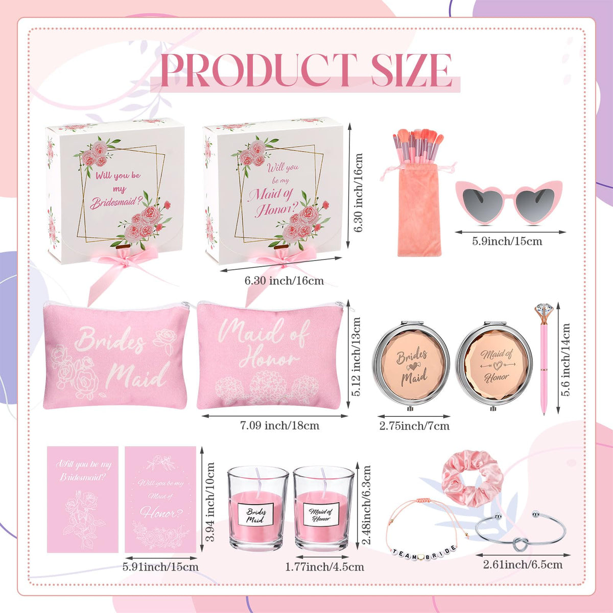Nuogo 88 Pcs 8 Sets Bridesmaid Proposal Gift Wedding Bridesmaid Box Set Maid of Honor Gift Include Box Candle Invited Cards Scrunchies Hair Elastics Ties Knotted Bracelets Diamond Pens(Pink,Fresh)