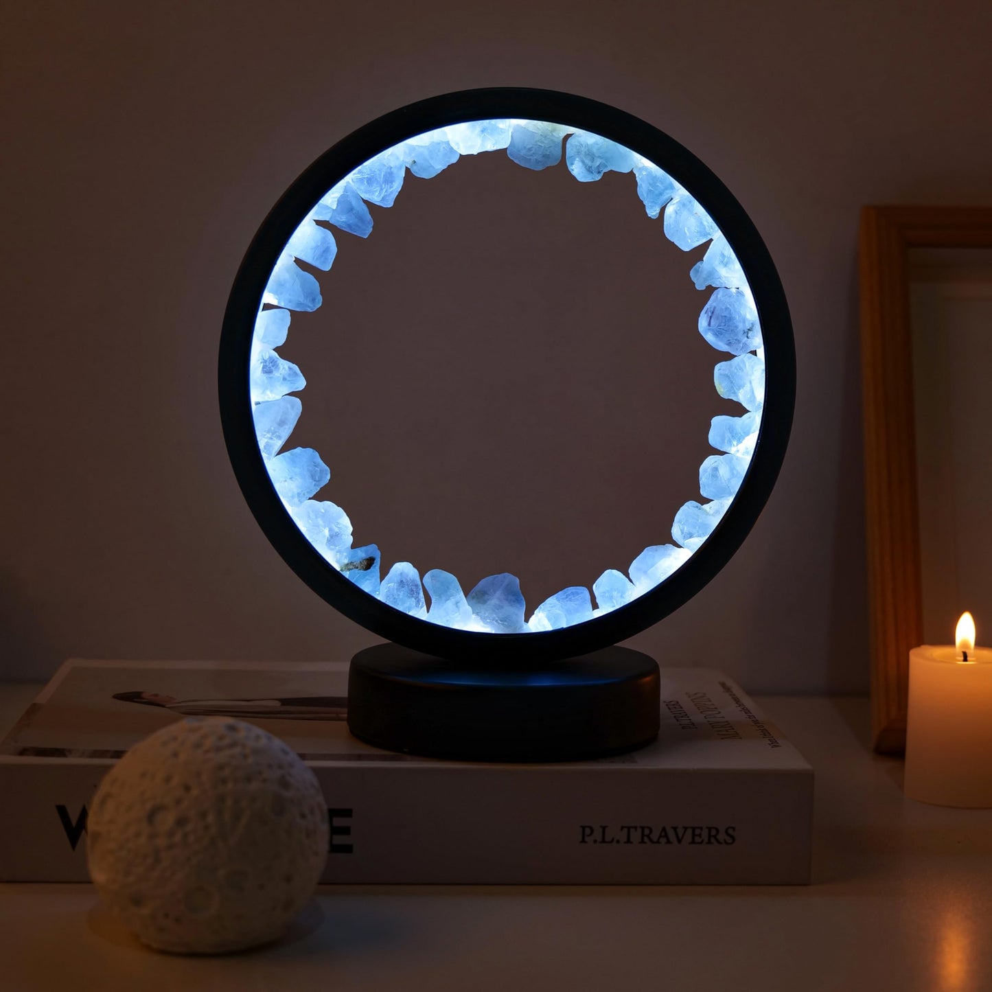 Runyangshi Celestite Night Light 8.6" Natural Healing Crystal Bedside USB Port 3 Colours Dimming Mode Bedroom Lamp Suitable Night Lamp Ideal Gift