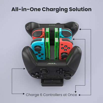 Controller Charger Dock for Nintendo Switch – 6 in 1 Charging Station for 4 Joy-Cons & 2 Pro Controllers, LED Indicator, Quick USB Charging, Not Compatible with Switch 2 Joycon