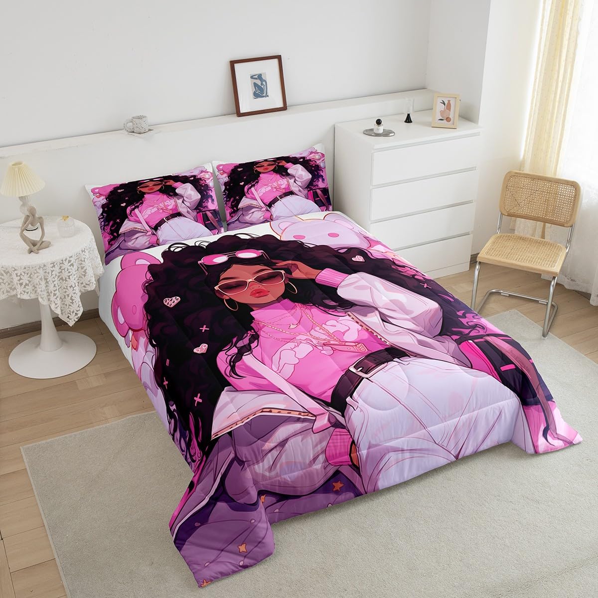 Princess Girlish Kids Comforter Set Full Size,Pink Stars Love Heart Romantic Bedding Set,Girls Women Room Decor,African Amercian Black Little Girls Down Comforter,Pink Duvet Insert,2 Pillowcases