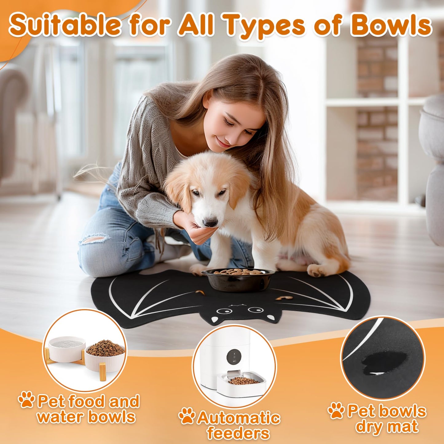 Pet Mats for Food and Water Dog Cat Food Mats Pet Feeding Mat Anti-Slip No Stains Quick Dry Floors Waterproof Placemat Pet Food Bowl Mat Halloween Decorations - 23.6" x 15.7" Bat