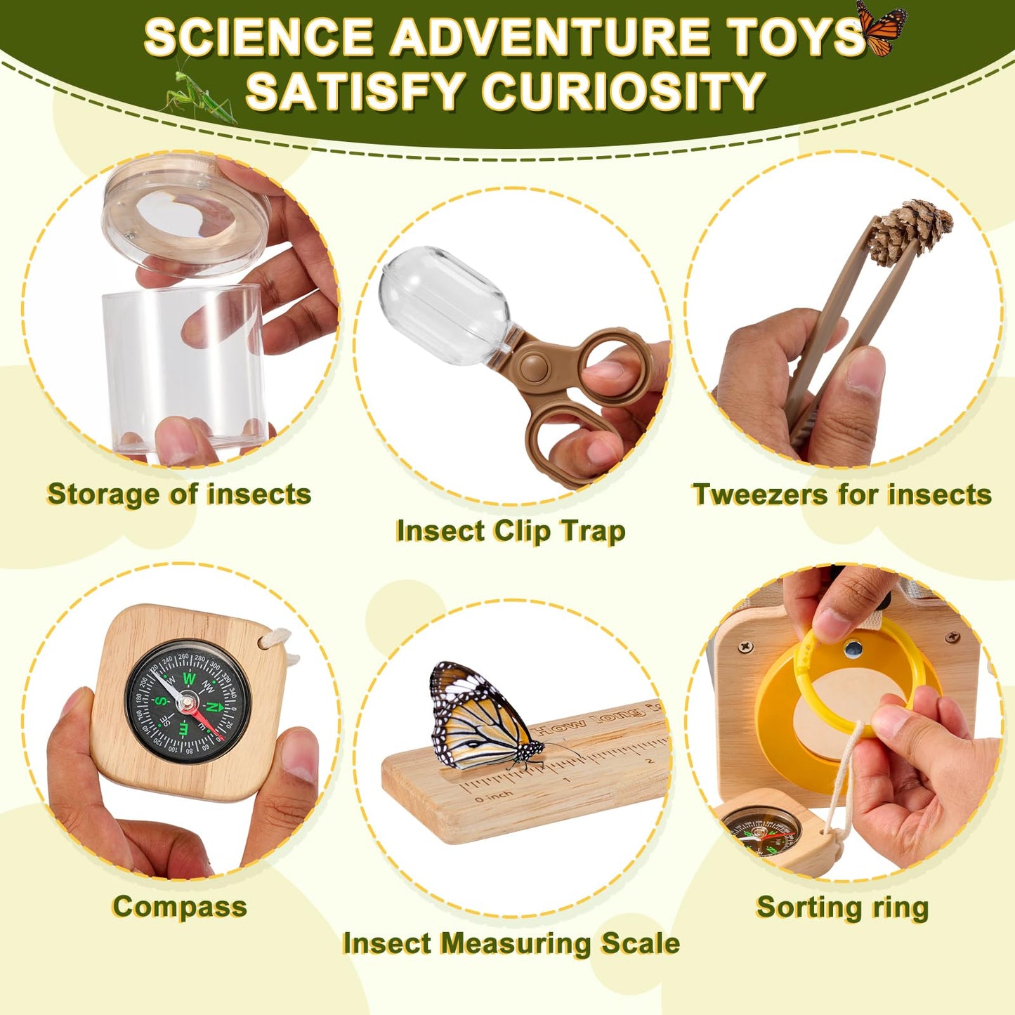 Wooden Bug Catcher Kit for Kids,10PCS Kids Bug Catching Kit with Bug Collector,Butterfly Net,Magnifying Glass,Toddler Bug Habitat Outdoor Explorer Kit Bug Collection,Nature Gift for Boys&Girls