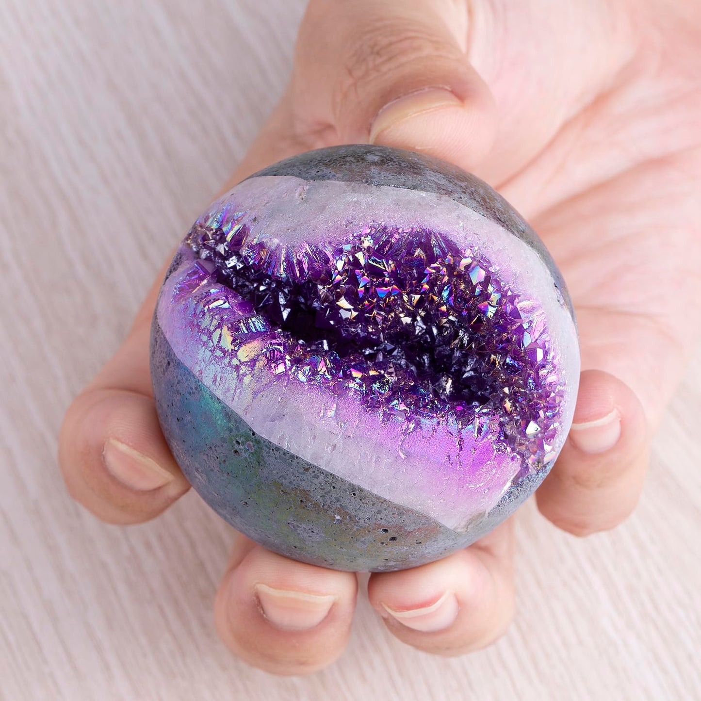 SUNYIK 51-60mm Purple Titanium Coated Quartz Geode Ball Sphere with Stand Crystal Opening Cornucopia Orb Ball Cluster Specimen Display for Decor Feng Shui Meditation