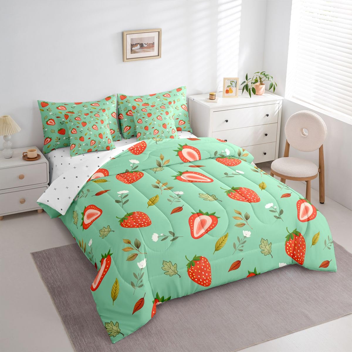 Erosebridal Strawberry 7 Piece Bedding Set Queen Floral Comforter Set with Sheets Plant Leaves Red Cartoon Fruits Bed in a Bag Green Leaf Kawaii Strawberry for Kids Boys Girls