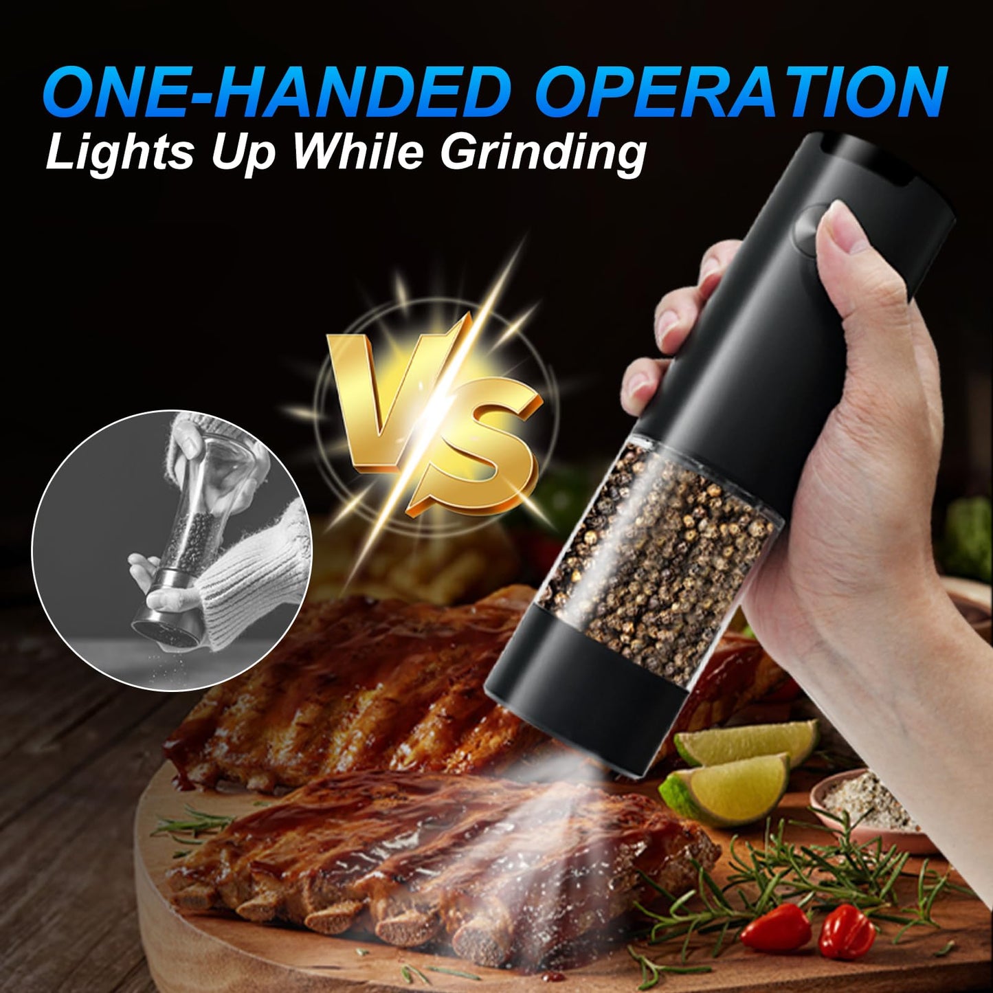 JIDSPWLS Electric Pepper and Salt Grinder Set（2 Pack Black/Black）Adjustable Coarseness Salt & Pepper Mill,With LED Light,Easy to Clean,Battery Powered,One Handed Operation,Kitchen Essential