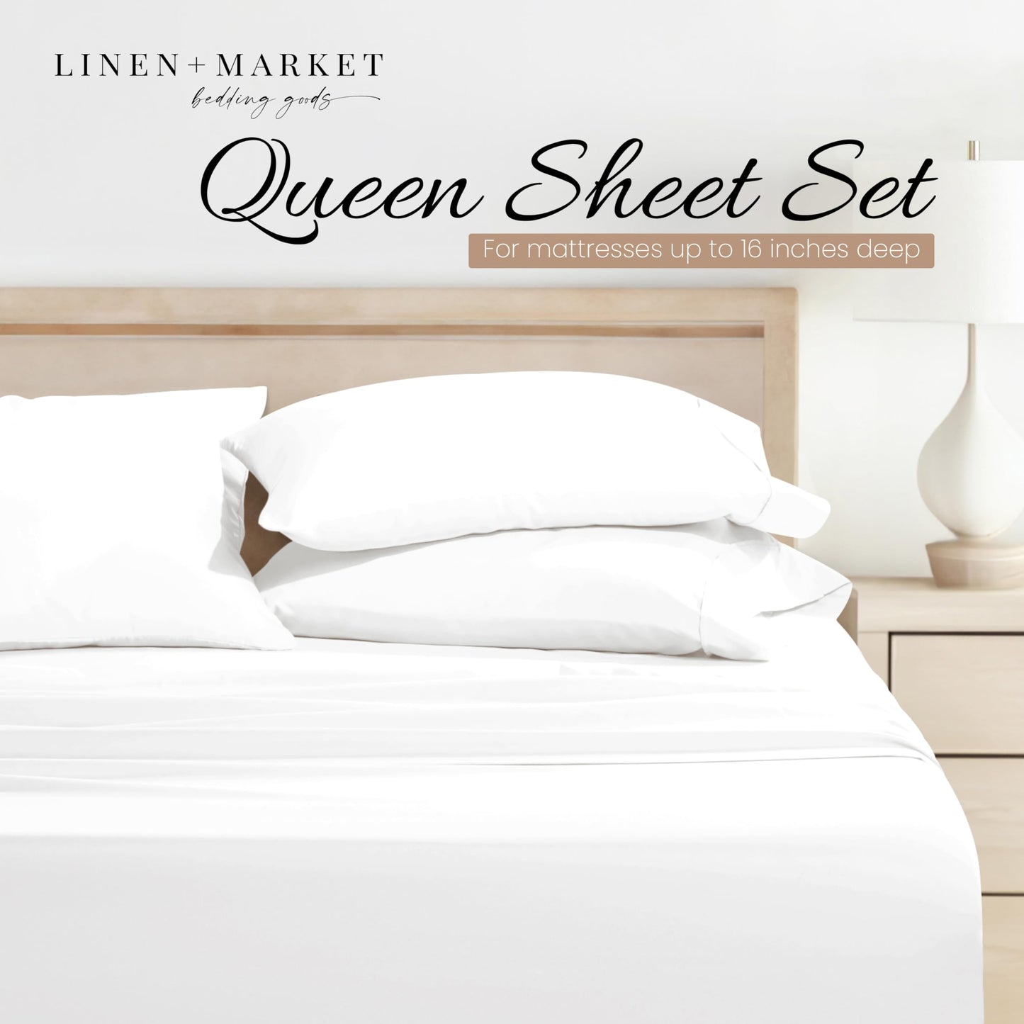 Linen Market Brushed Microfiber Queen Sheet Set 4 Piece – Oeko-TEX Certified Ultra Soft & Wrinkle-Free - 16" Deep Pocket Sheets - Easy Care Queen Size - White