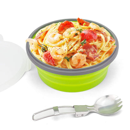CCyanzi 1200ml Collapsible Camping Bowl Silicone Food Storage Container with Lid and Foldable Stainless Steel Fork Spoon, for Picnic, Travel, Camping, RV, Fridge and Microwave Bowls