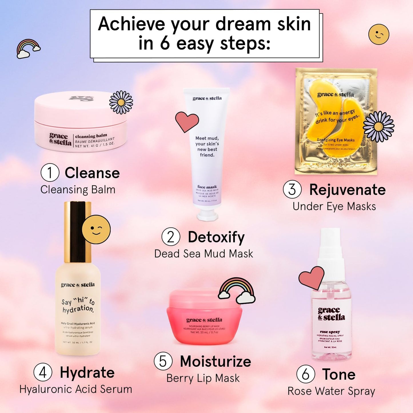 grace & stella Award Winning Skin Care Set - Christmas Gifts for Women, White Elephant Gifts for Adults - Travel Essentials with Under Eye Masks, Serum, Cleanser, Lip Balm - Holiday Gift for Mom, Her