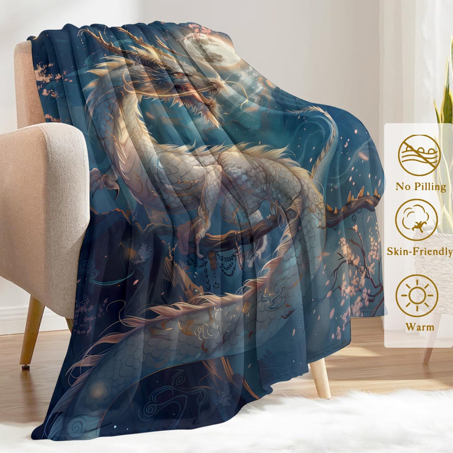 ainori Dragon Flannel Blanket - Moonlit and Cherry Blossom Throw,Playful Gifts for Adult & Fantasy Lovers, Ultra Soft & Warm,Lightweight, for Couch Bedroom Living Room Modern Decor 50x60in