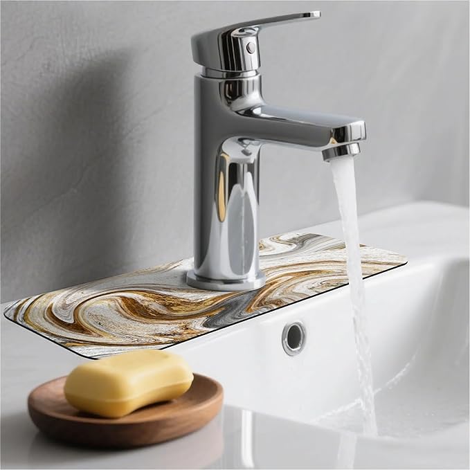 Kitchen Sink Splash Guard，White-grey gold marble Faucet Mat Sink Gadgets-Super