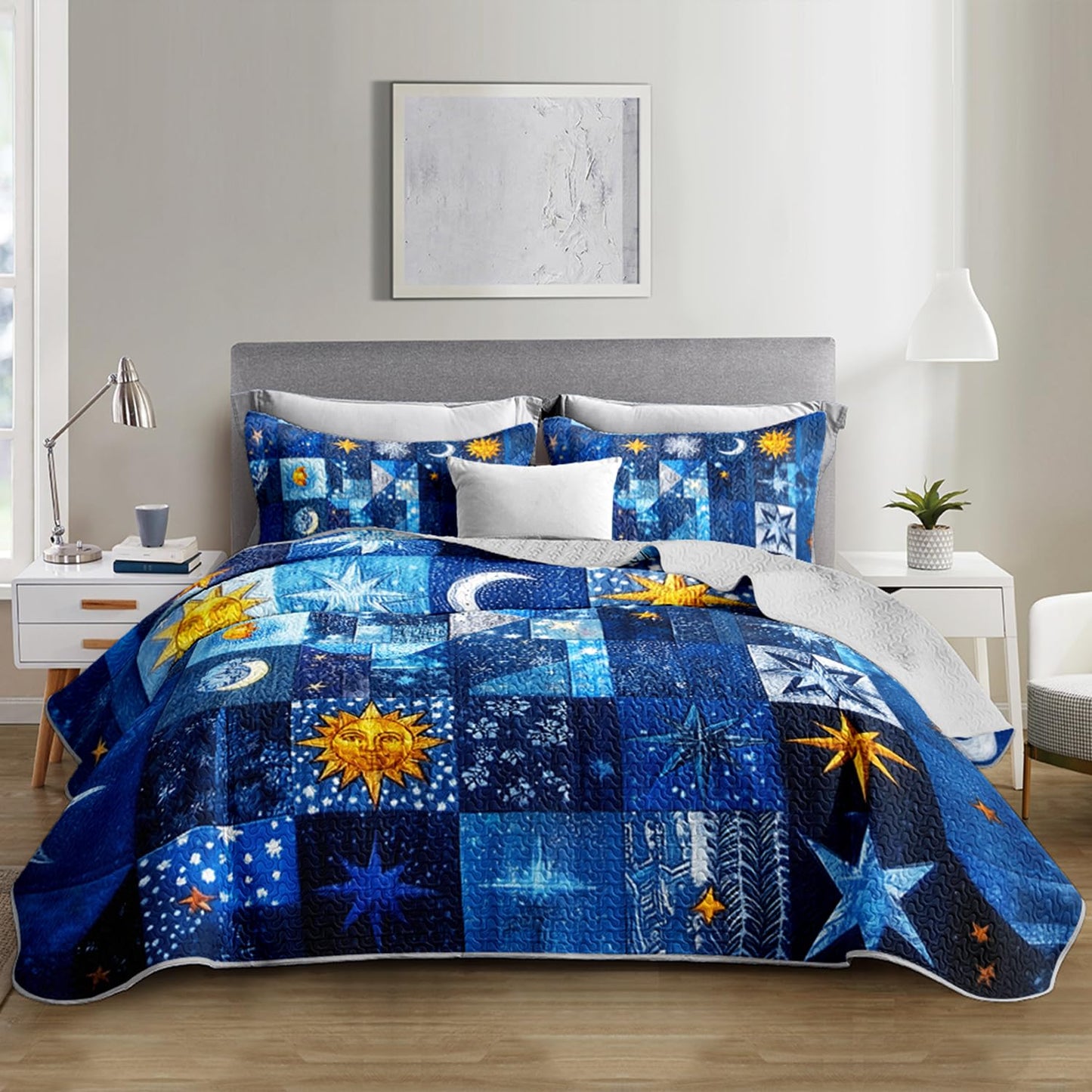 XYNHML Sun Moon Star Quilts Bedding Full 3Pcs Mystic Celestial Galaxy Starry Quilt Set Blue Patchwork Grid Lightweight Soft Bedspread Coverlet with 2 Pillowcases for Kid Boy Girl Teen Adult Bed Decor