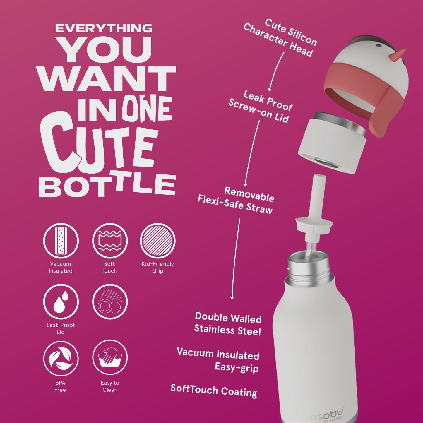 asobu Bestie Bottle Insulated Stainless Steel Water Bottle with Detachable Soft Animal Head Fun Drinking For Kids and Teens with Flexible Reusable Straw 16 Ounce (SNOWMAN)