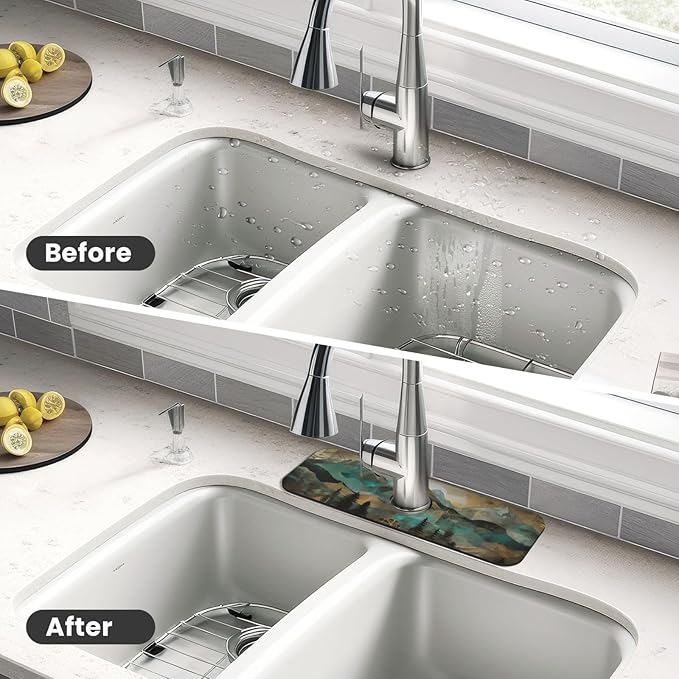 Kitchen Sink Splash Guard Faucet Mat Mountains Trees Landscape Sunrise 15"x5.5"