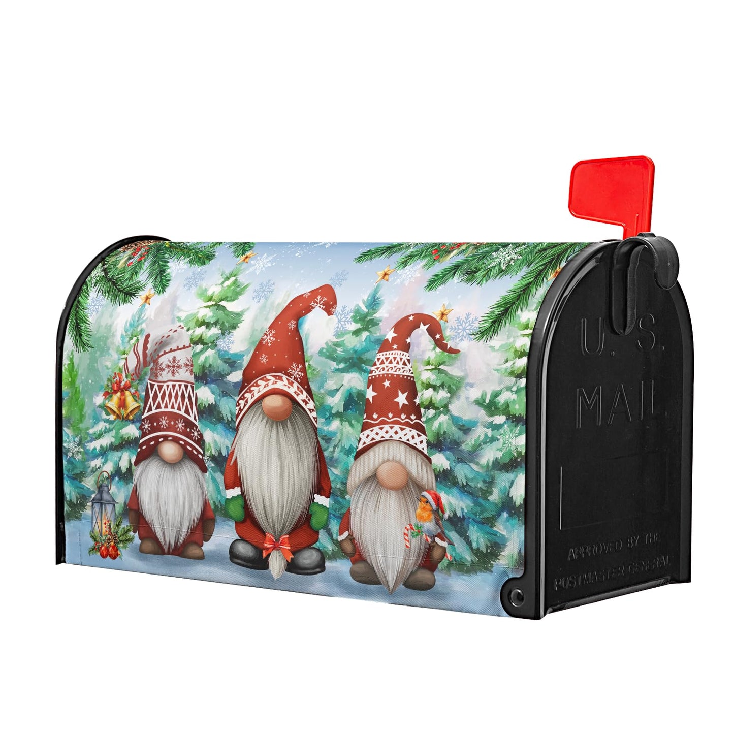 Sweetshow Winter Gnomes Xmas Mailbox Covers Magnetic Standard Size 18" X 21",Green Pine Tree Snowflake Mailbox Wraps Post Letter Box Cover for Holiday Garden Yard Decor