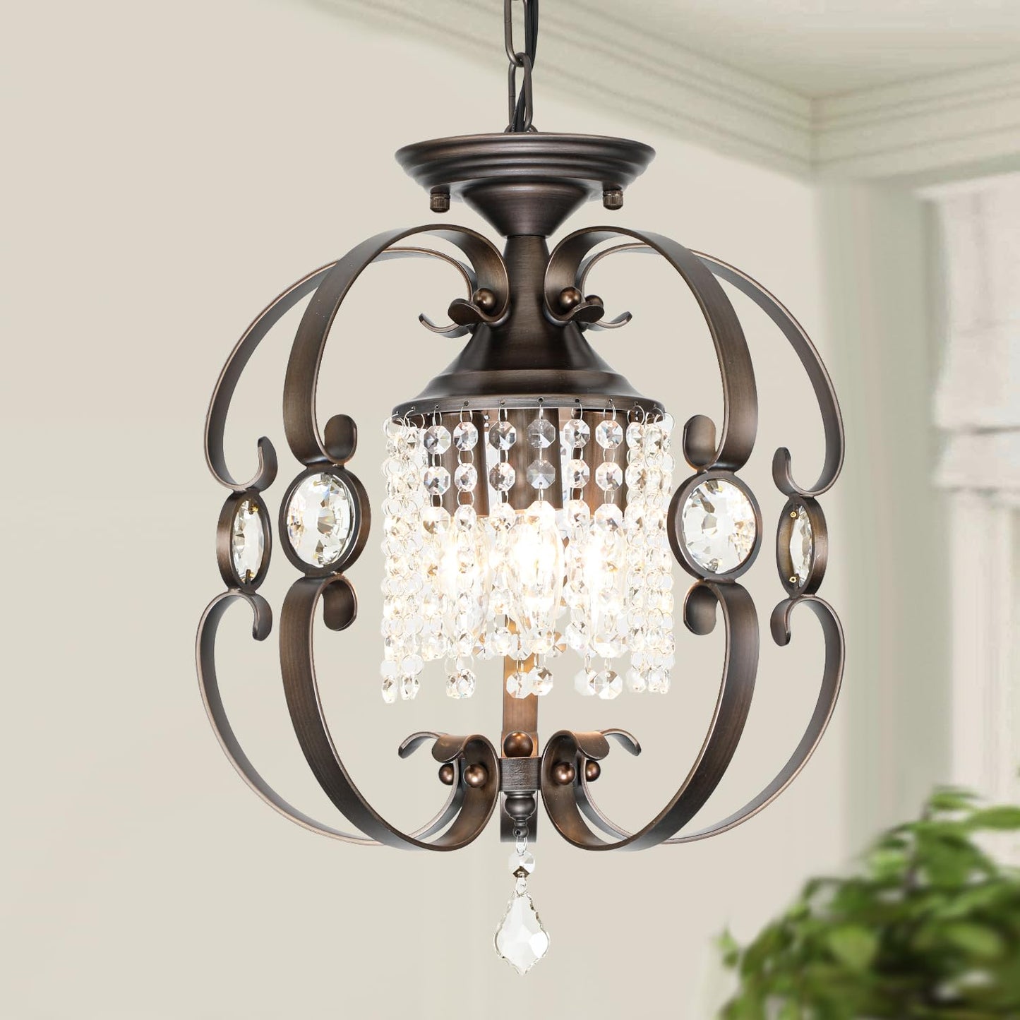Leyodnpe Bronze Crystal Chandeliers for Dining Room, 3-Light 14 Inch Flush Mount Ceiling Light Fixture,Vintage Hanging Pendant Lighting for Kitchen Island,Living Rooms, Foyer