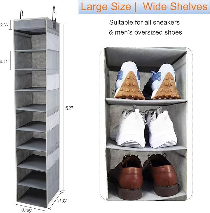 Large-Sized Hanging Shoe Organizer 10-Shelf, Sturdy Hanging Closet Organizer