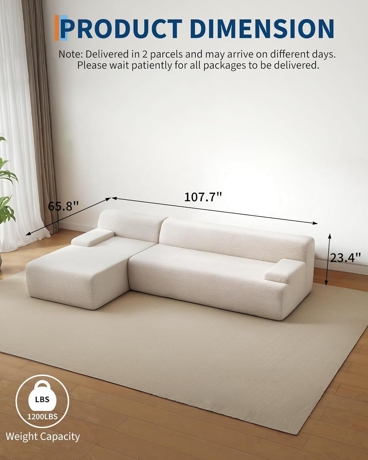IDEALHOUSE 108" Modular Sectional Cloud Couch with Chaise Loung- Super Fluffy Boneless Sofa, Upholstered l-Shaped Couch for Living Room & Bedroom, No Assembly Required