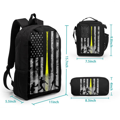 Giwawa Baseball American Flag Backpack Set 3 Pcs Patriotic USA Sporty Lightweight Bookbag Insulated Lunch Box Organizer for Athletes Students Sports Events Study Back to School Day Travel