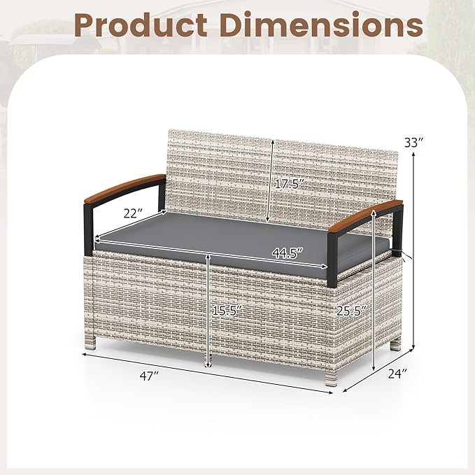 RELAX4LIFE Wicker Outdoor Storage Bench, Rattan Deck Box w/Protective Liner for Patio Furniture Pillows & Garden Tools, Porch Loveseat with Seat Cushion, Acacia Wood Armrests (Grey)