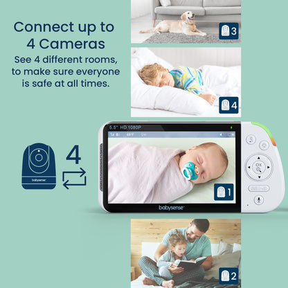 Babysense 5.5” 1080p Full HD Split-Screen Baby Monitor, Video Baby Monitor with Camera and Audio, Two PTZ Cameras, RGB Night Light, 300m Range, Two-Way Audio, 4x Zoom, 5000mAh Battery