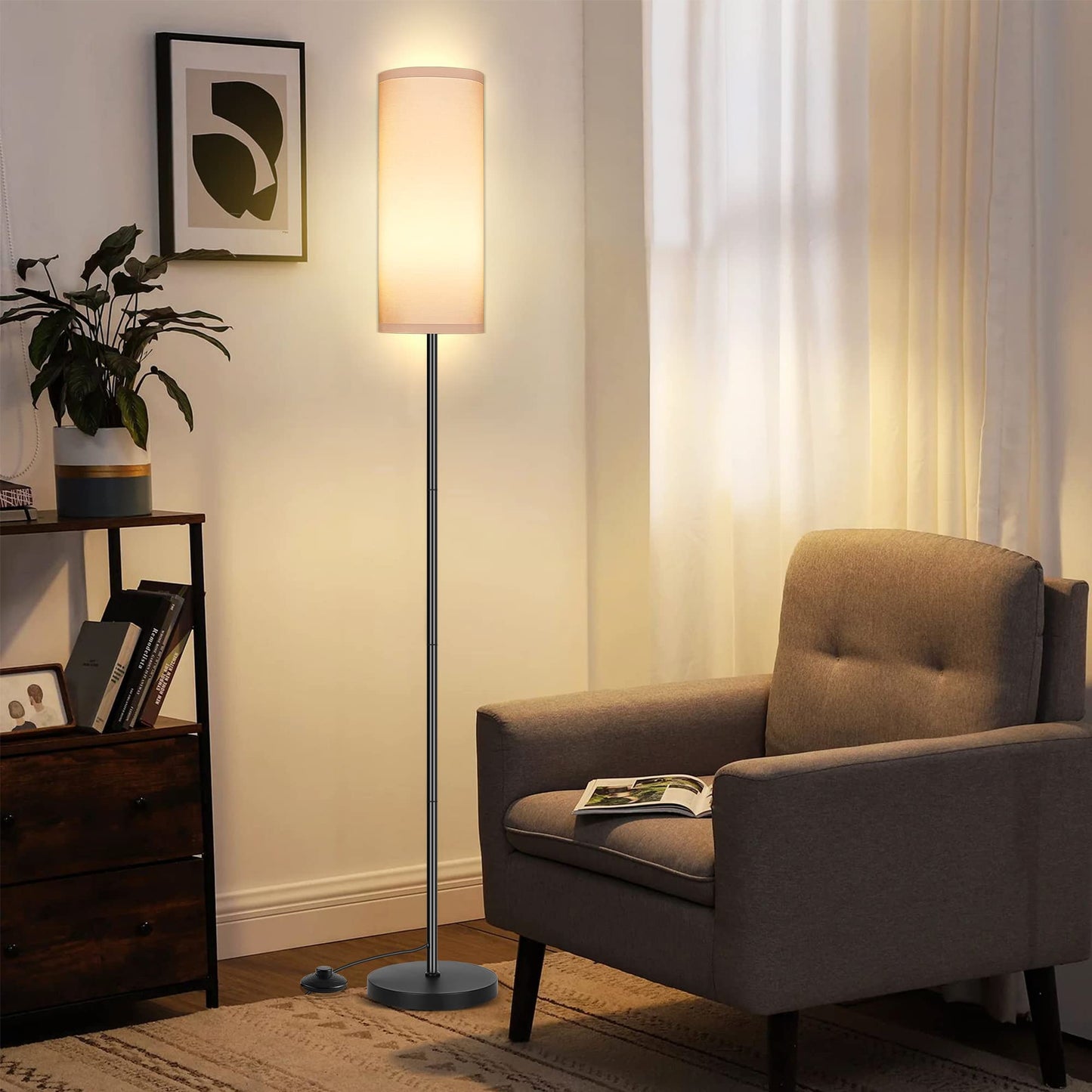 PARTPHONER Modern Standing Lamp with Lampshade, Minimalist Tall Lamp with Foot Switch for Living, Bedroom, Kids Room, Office