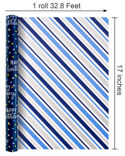 MAYPLUSS Birthday Wrapping Paper Roll, Blue Metallic Holographic Happy Birthday Wrapping Paper Featuring Revesible Stripe Gift Wrap Paper for Boys Kids Girls Men, 17 Inches x 33 Feet