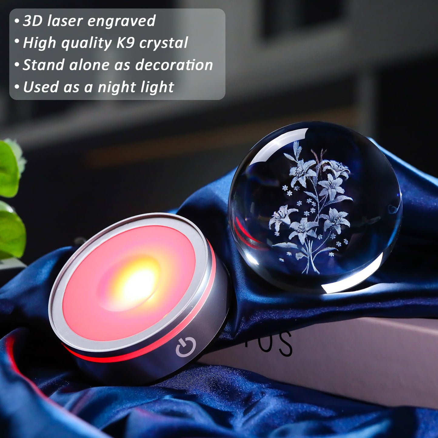 Movdyka 3D Laser Etched Lily Crystal Ball with Color-Changing LED Base