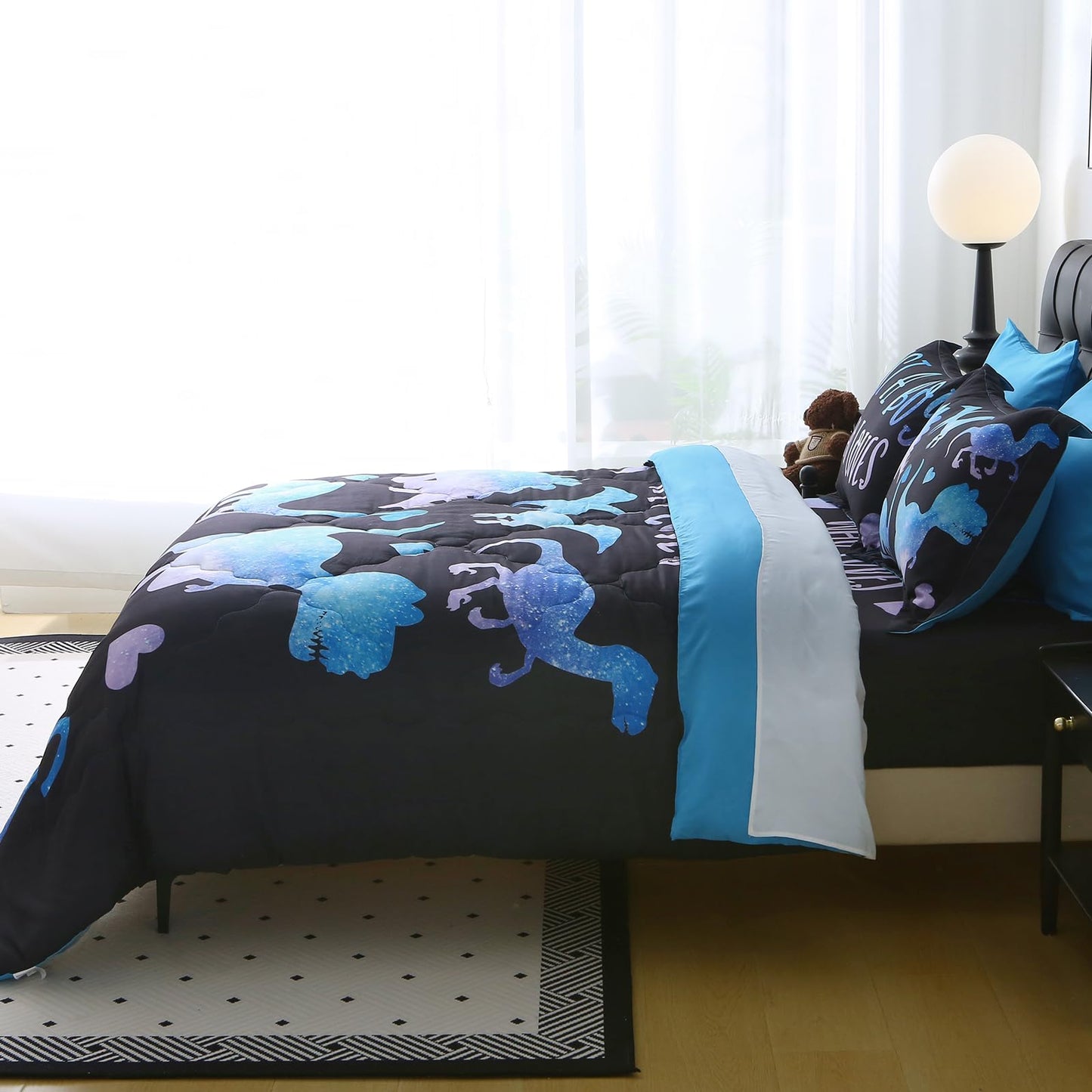 Jameswish 7 Piece Boys Dinosaur Comforter Set Twin Size Blue Dinonsaur Soft Microfiber Bed in A Bag with Comforter,Sheet Set,Pillowcase and Sham for Child Teens All Season