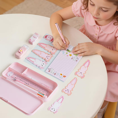 11 in 1 Pink Axolotl Stationery Gifts Set School Supplies for Kids, Kawaii Stationery Kit Axolotl Office Supplies with Pencil Case, Pens & Sticky Notes Set Correction Tape Ruler Utility Knife Cat Clip