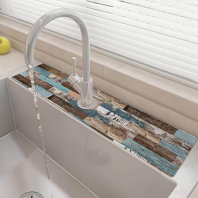 24" X 5.5" Kitchen Sink Splash Guard Faucet Mat Wood Grain Super Absorbent Fast