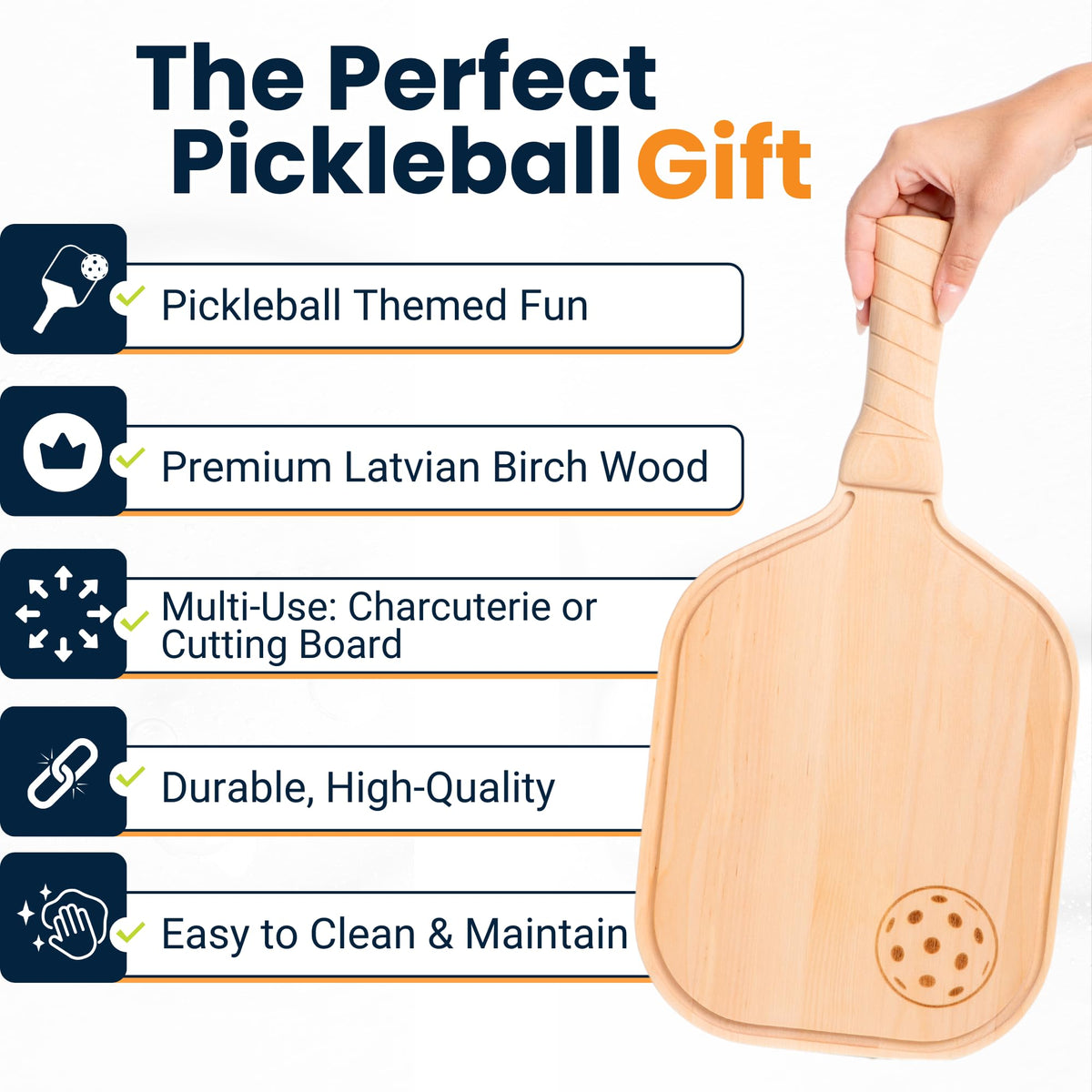 DinkCraft Pickleball Charcuterie & Cutting Board, Pickleball Gift, Partner Size - 17 x 8.5 x 0.75”, Birch Wood, Paddle Shape with Handle, Mineral Oil Finish