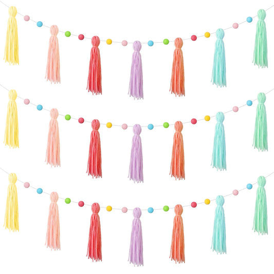 Syhood 3 Pcs Colorful Boho Tassel Garland Rainbow Pom Pom Each 50'' Colorful Tassel Garland Classroom Decoration Boho Banner for Kid Nursery Wall Decor Baby Shower Christmas Decor(Rainbow Colors)