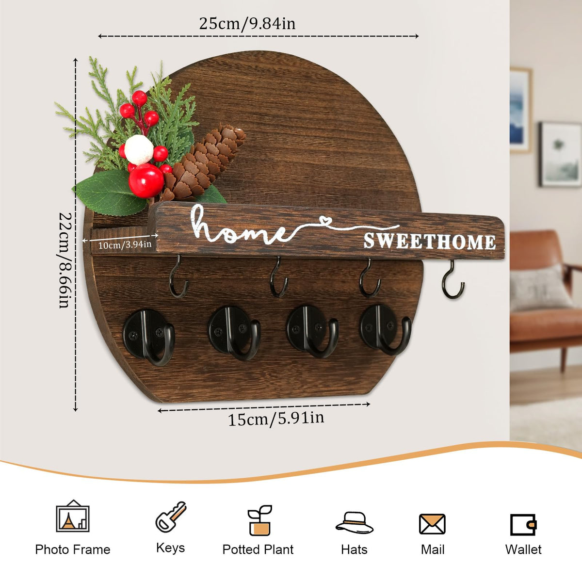 LEIRUOTM Key Holder for Wall, Key and Mail Holder Organizer - Key Holder Wall Mount with Bouquet Shelf and Key Hooks, Round Wooden Rustic Key Rack for Entryway and Home Decor (Brown)
