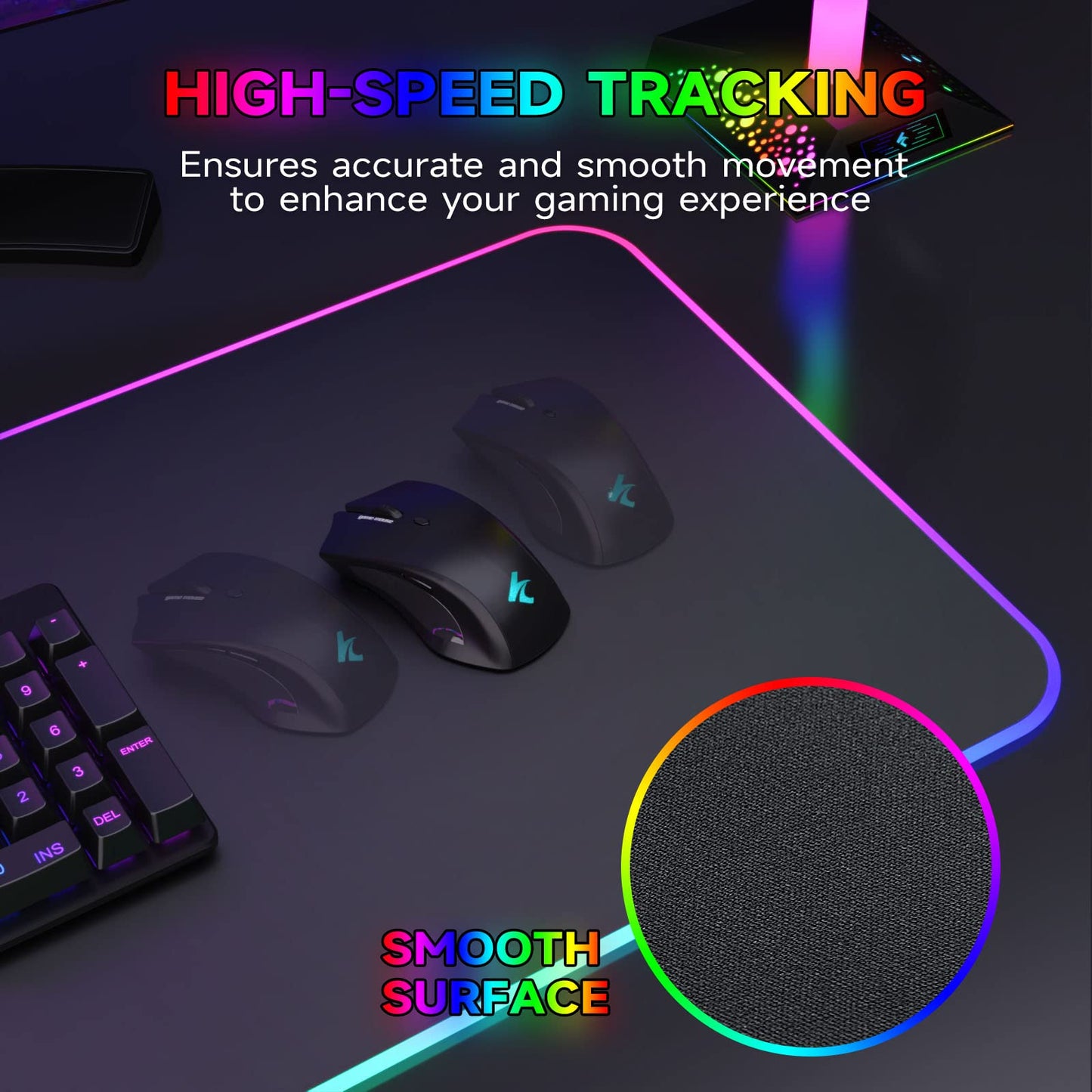 Hcman RGB Gaming Mouse Mat Pad, Large Thick (800×300×4mm) XXXL Extended Led Mousepad with Non-Slip Rubber Base, Soft Computer Keyboard Mice Mat for Macbook, PC, Laptop, Desk - Black