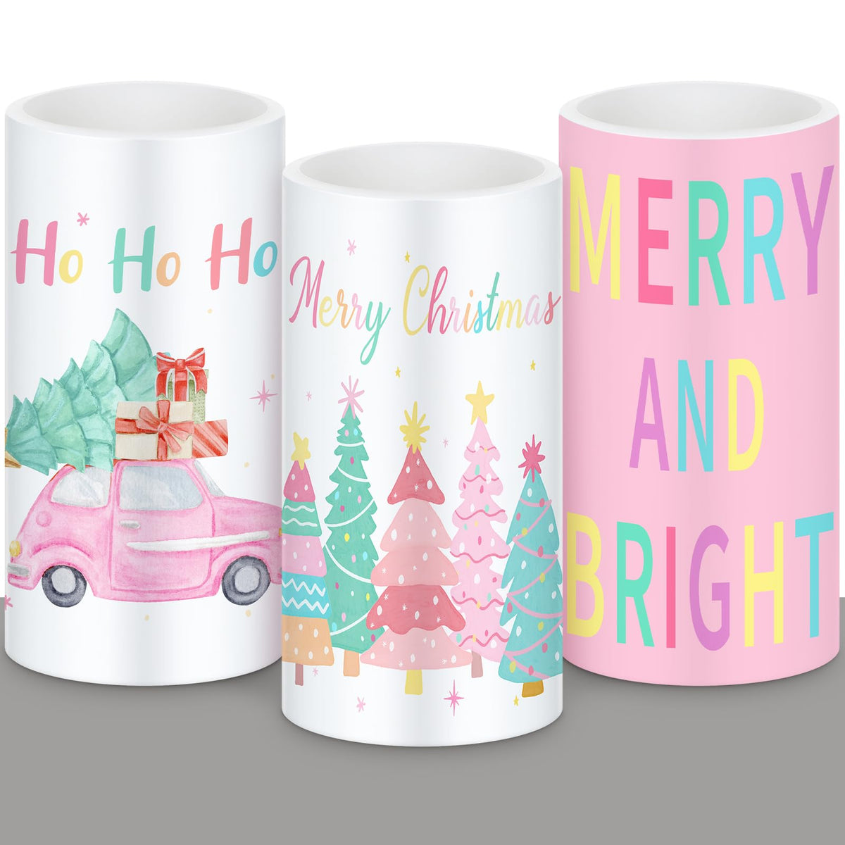 Retisee 3 Pcs Pastel Christmas Flameless Candles Pink Christmas Battery Operated LED Candles with Remote Pastel Candy Xmas Decorations Centerpiece for Holiday Bedroom Living Room Xmas Home Decor