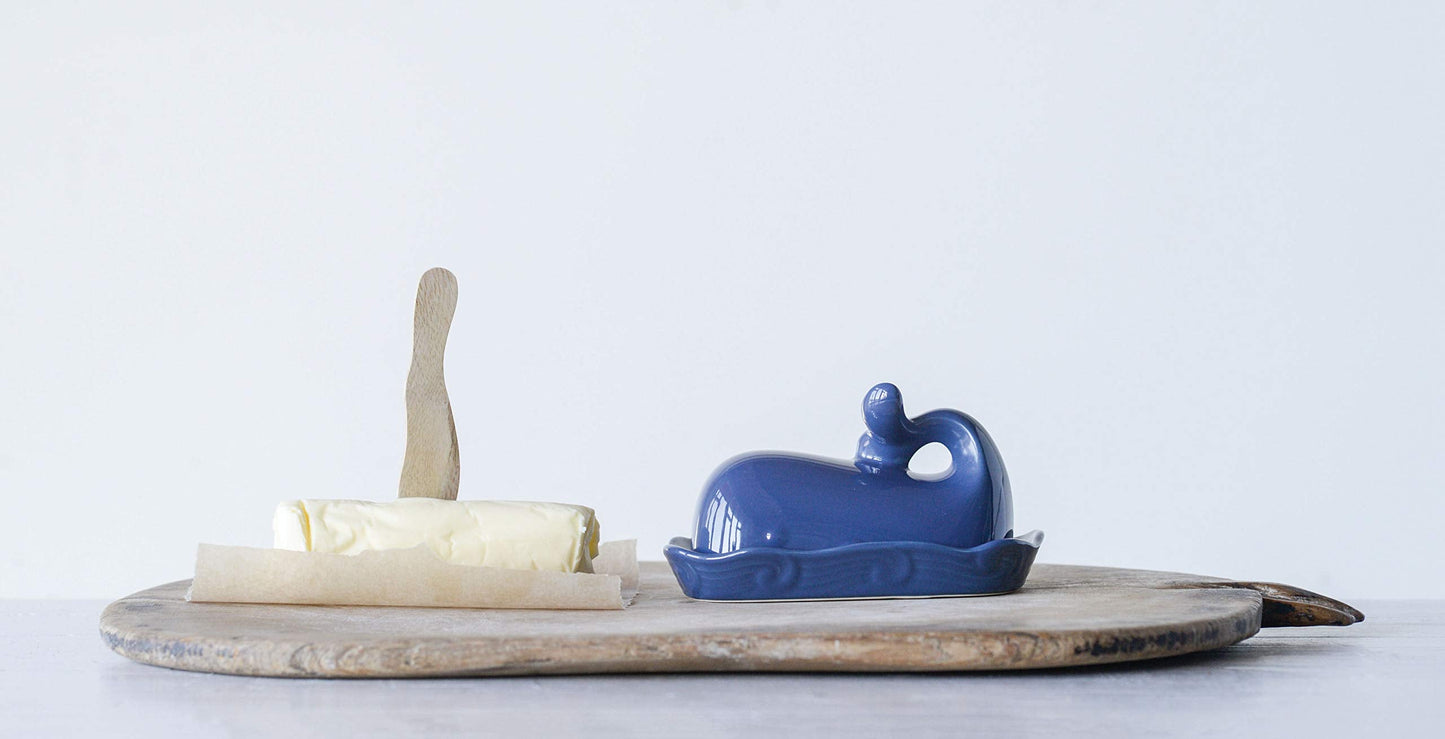 Creative Co-Op Dark Blue Whale Shaped Butter Dish with Lid
