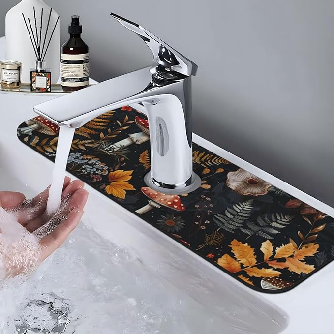 Faucet Draining Mat For Kitchen Sink, Mushrooms Ferns Wildflowers Diatom Mud