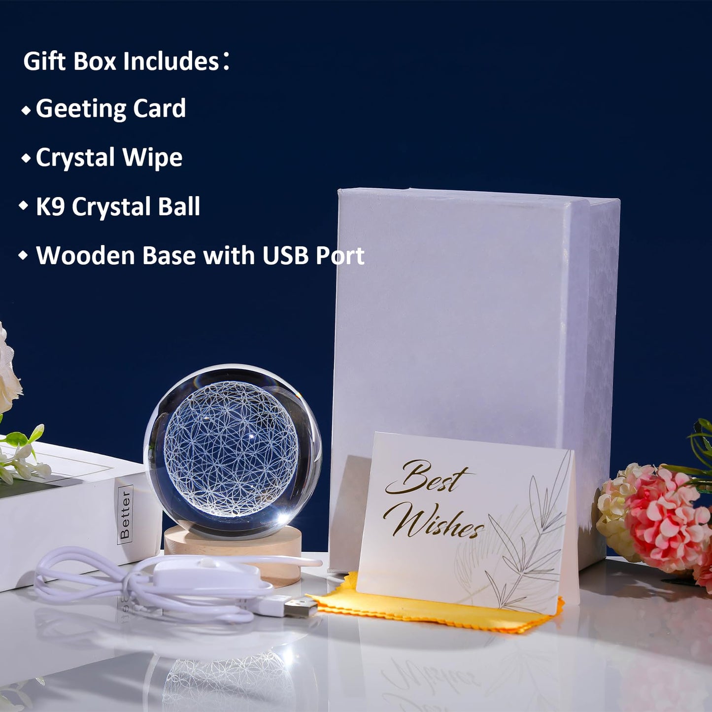 Arikyrist 3D Engraved Flower of Life Crystal Ball, Laser Engraved Grid Flower of Life Sphere Home Decoration, Crystal Engraved Sacred Geometry Glass Sphere Paperweight Ornaments Gifts for Men Women