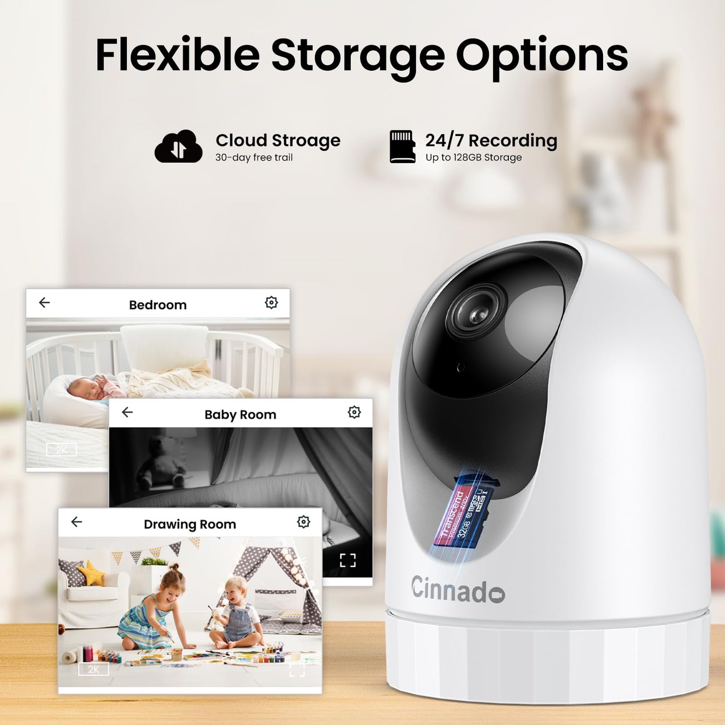 Cinnado WiFi Security Camera Indoor - 2K Pet Dog Cameras House Security with APP for Baby Monitor Home CCTV Wireless 360°, Motion Tracking, Smart Siren, IR Night Vision, D1