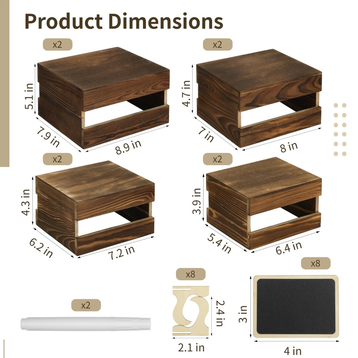ZALIR 8 Pcs Rustic Wooden Risers for Table Display with 8 Mini Signs and 2 Pens - Tiered Dessert Display Stands, Rustic Cake Stand Buffet Risers for Party, Wedding, Birthday, Shower, 4 Sizes